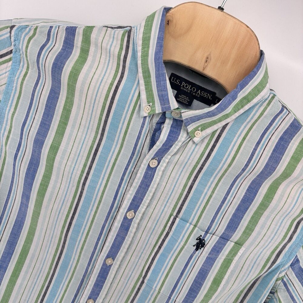 U.S. Polo Assn. Men’s L Striped Short Sleeve Button Up Shirt Blue Green